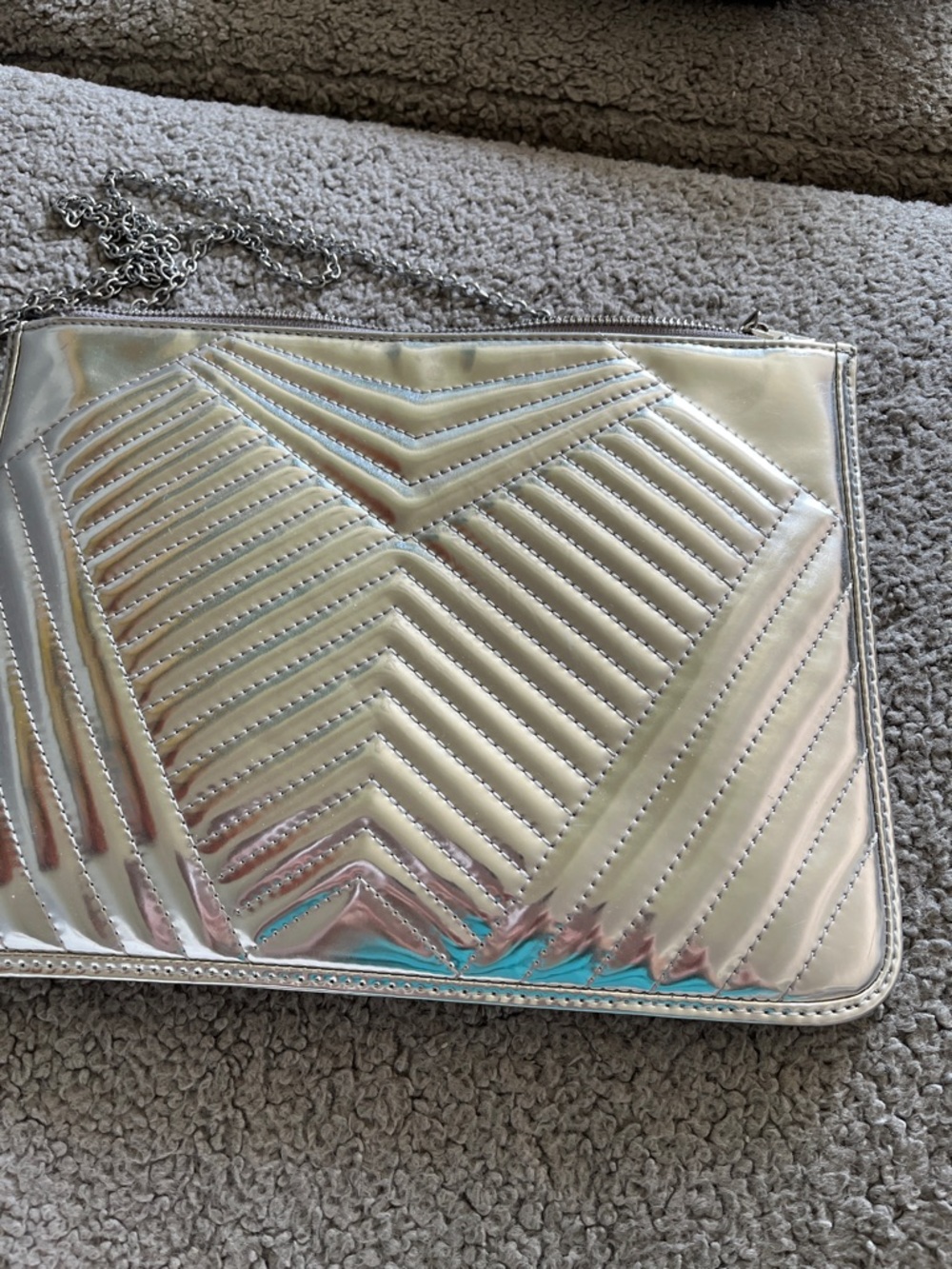 Metallic Silver Quilted Chevron Crossbody Bag